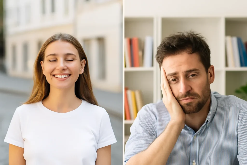 2. Persona riposata vs persona stanca: confronto visivo fra chi è attivo e in forma e chi invece è stanco e poco attento