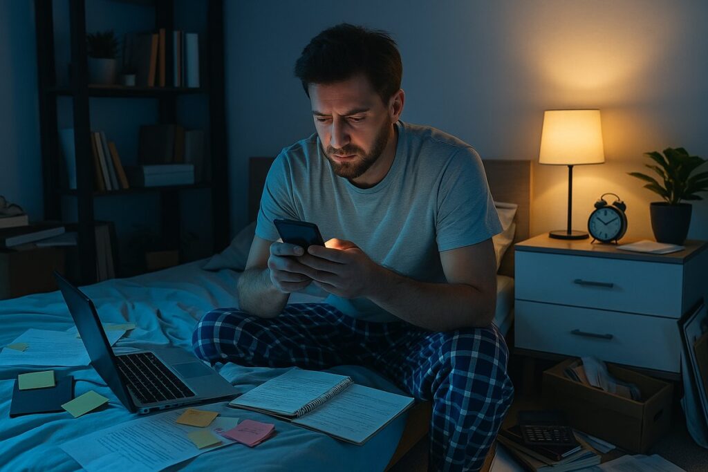 Uomo stanco che non segue le regole di igiene del sonno in una camera disordinata e caotica